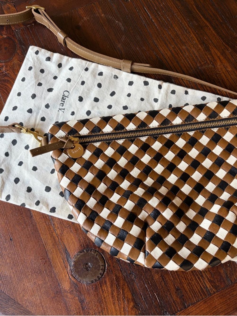 Clare V Grande Fanny Oat Gingham Woven  New